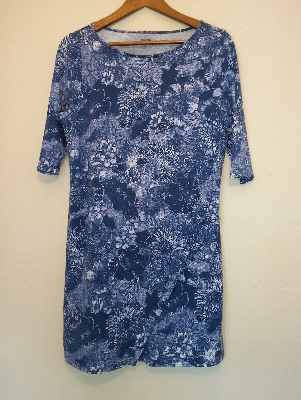 J. Jill Faux Wrap Dress Womens Medium Petite Blue White Floral Pocket Soft Knit